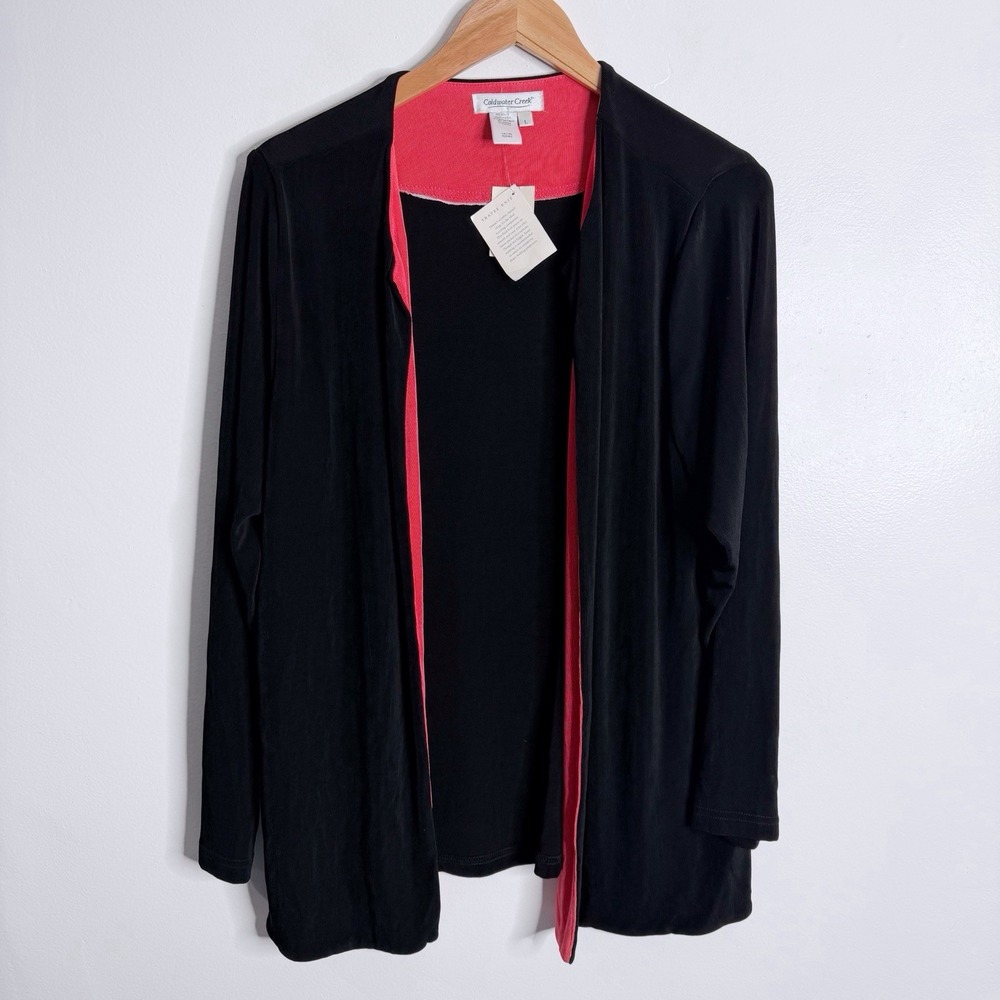 NWT Coldwater Creek Travel‎ Knit Contrast Trim Cardigan Black Coral Large Travel